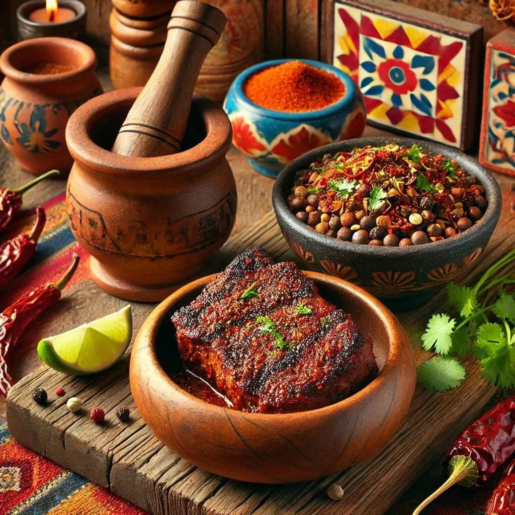 Traditional spices and ingredients on a wooden board with a colorful patterned mat.