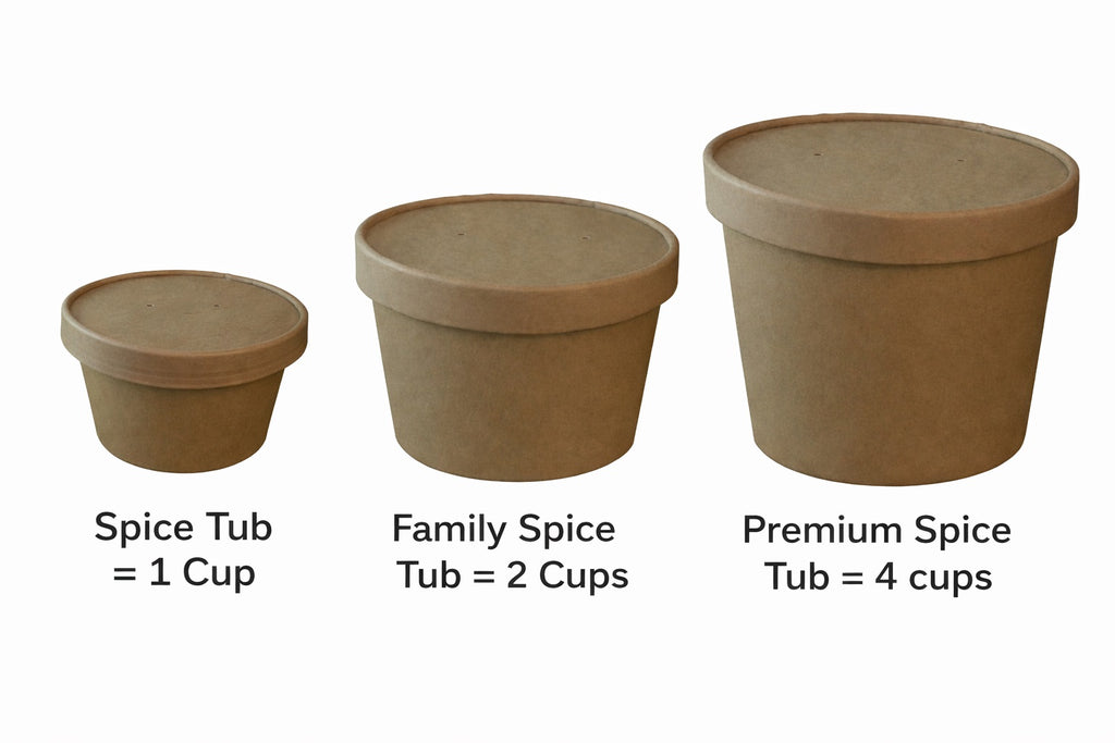 Three brown spice containers with labels indicating their capacity in cups on a white background.