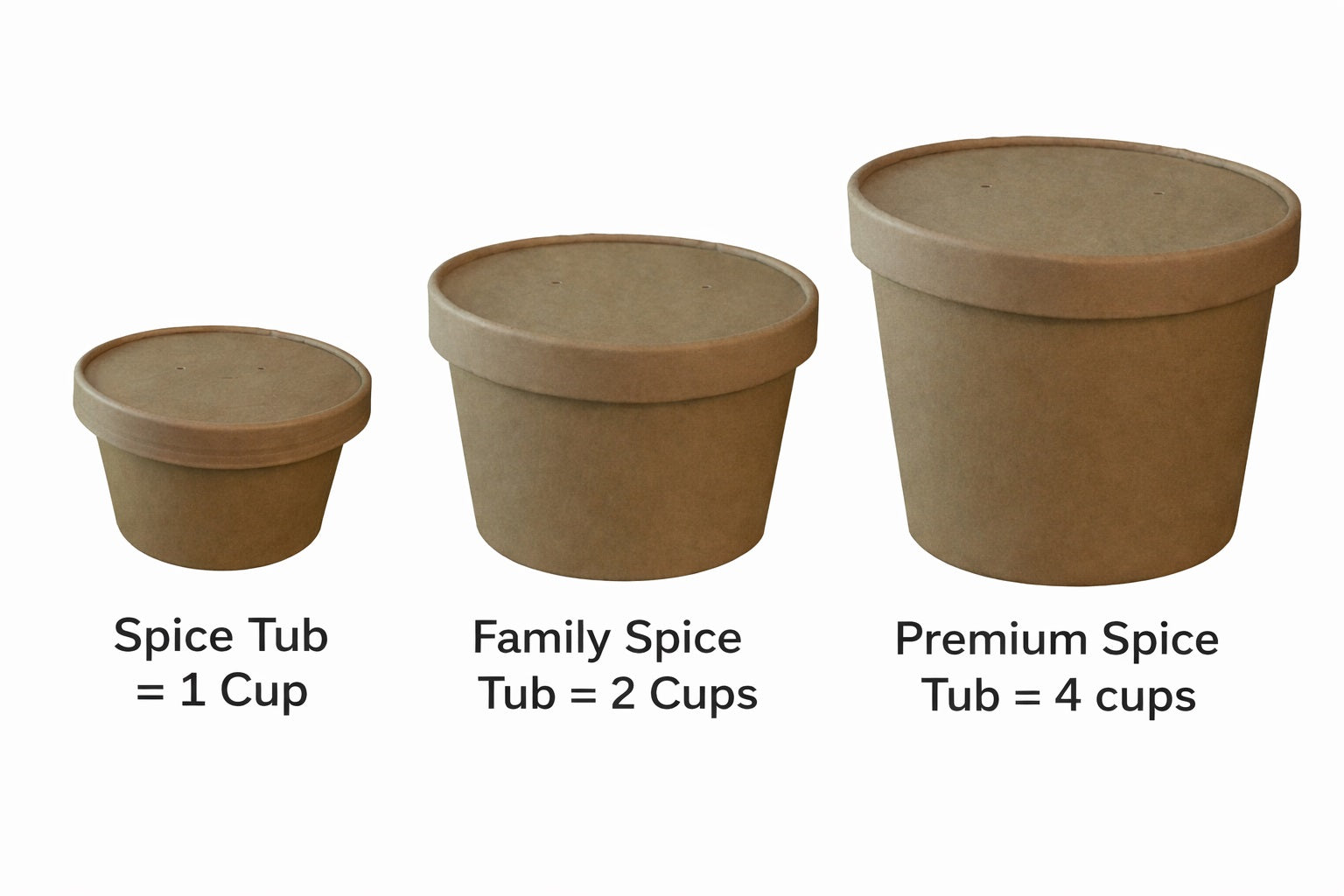 Three brown spice containers with labels indicating their capacity in cups on a white background.