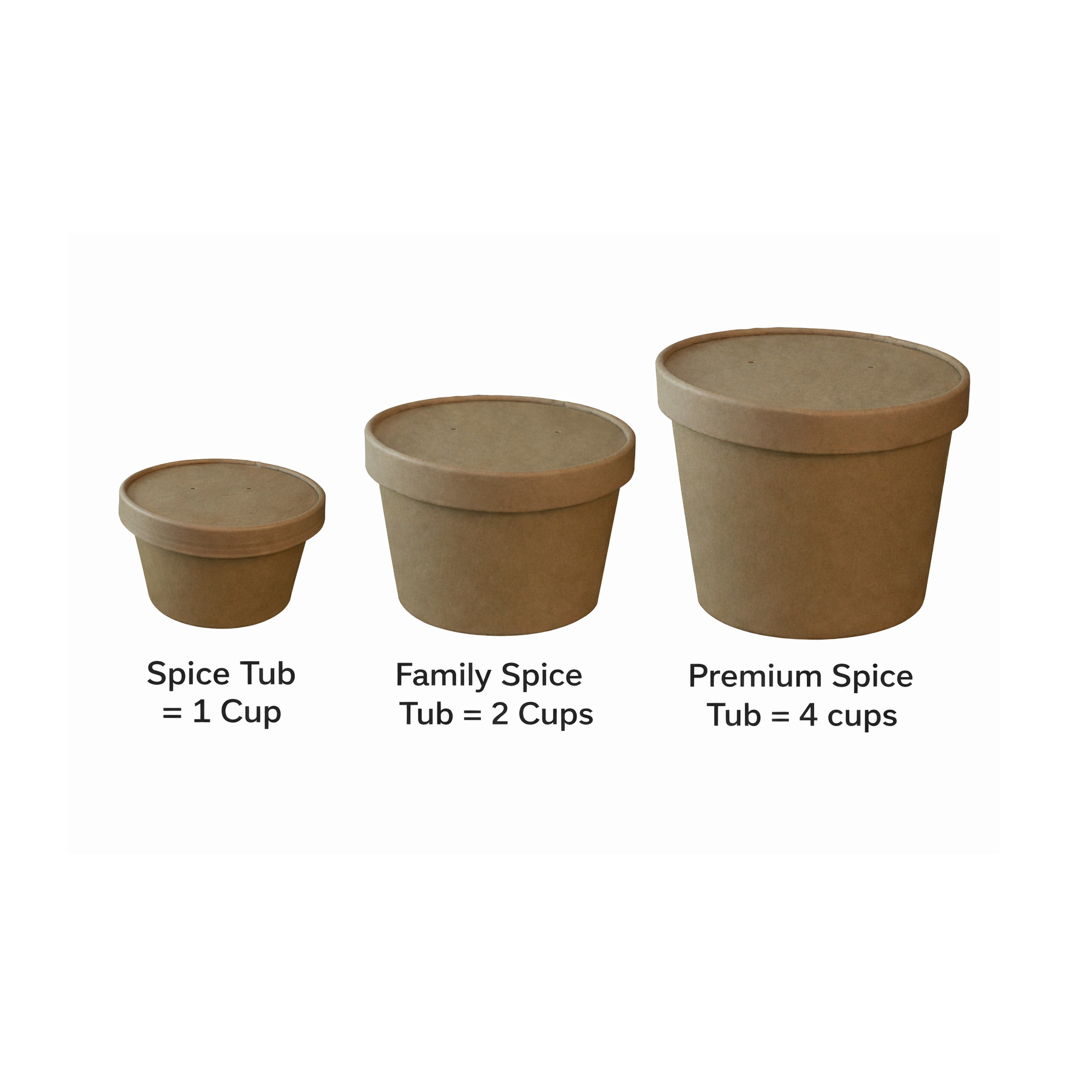 Three brown spice tins of different sizes with labels on a white background