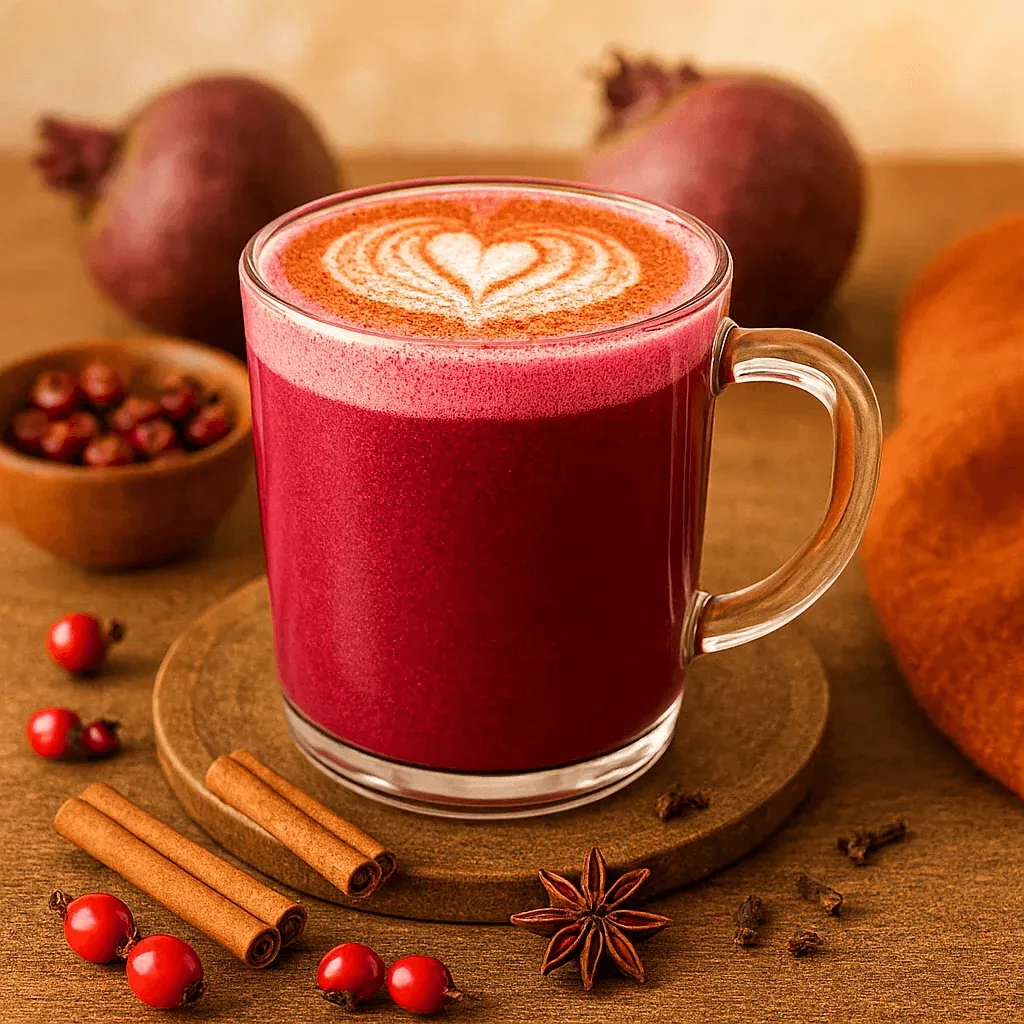 Glass mug of red beet juice with a heart foam design, surrounded by pomegranates, cinnamon sticks, and star anise on a wooden surface.