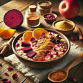 Bowl of oatmeal with fruits and spices on a wooden table