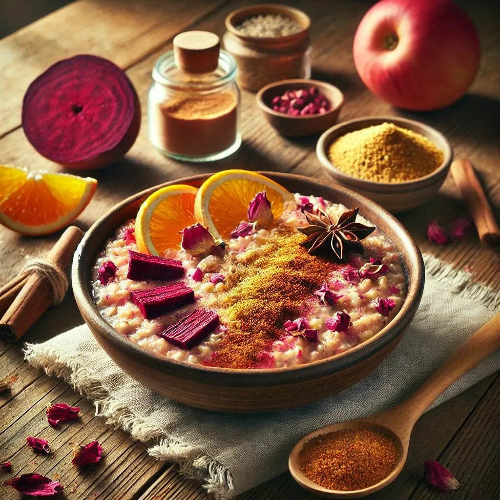 Bowl of oatmeal with fruits and spices on a wooden table