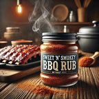 Jar of 'Sweet N' Smokey BBQ Rub' with ribs in the background on a wooden surface.