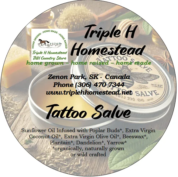 Label for Triple H Homestead Tattoo Salve with product details and branding.