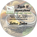Label for Triple H Homestead Tattoo Salve with product details and branding.