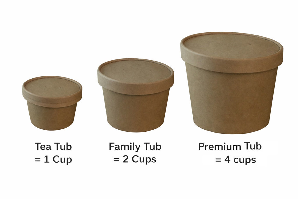 Three kraftpaper tubs labeled 'Tea Tub', 'Family Tub', and 'Premium Tub' with corresponding cup equivalencies on a white background.