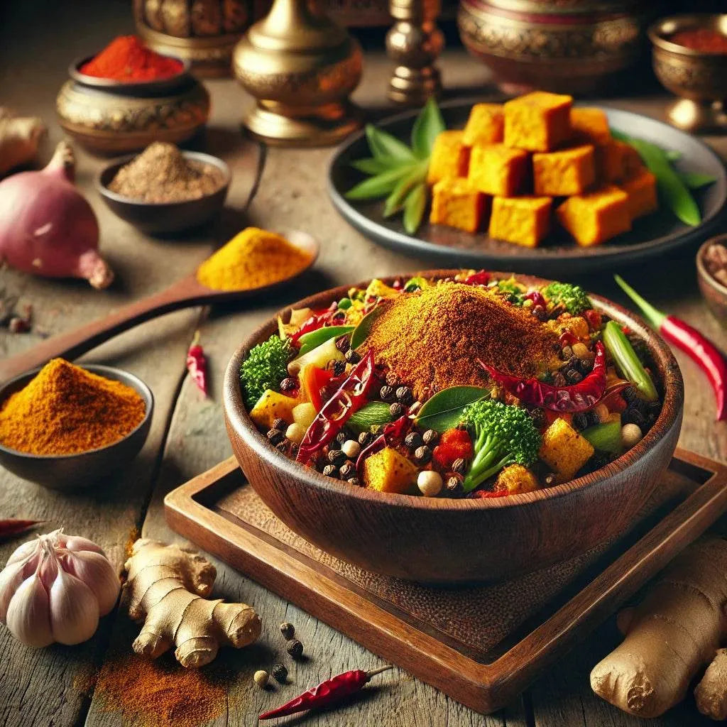 Spicy dish with vegetables and spices on a wooden table