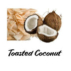 Two halves of a coconut and toasted coconut flakes with 'Toasted Coconut' text on a white background.
