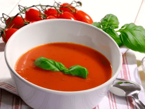 Tomato soup in a white bowl with basil leaves, surrounded by fresh tomatoes and basil on a white background.