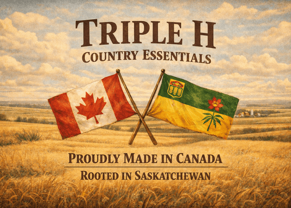 Promotional graphic for Triple H Country Essentials with crossed flags in a field.