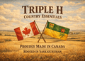 Promotional graphic for Triple H Country Essentials with crossed flags in a field.