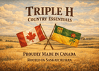 Promotional graphic for Triple H Country Essentials with crossed flags in a field.