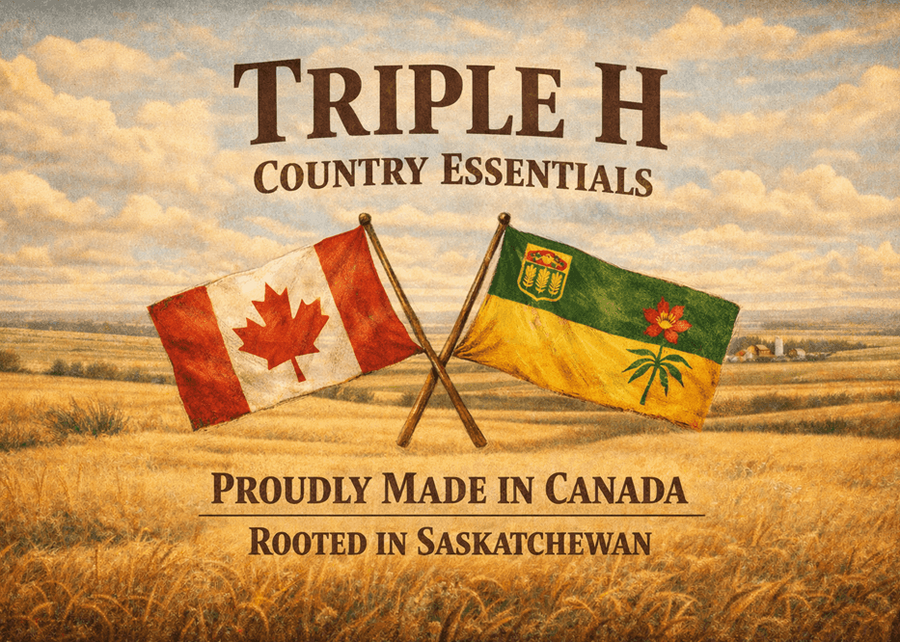 Promotional graphic for Triple H Country Essentials with crossed flags in a field.