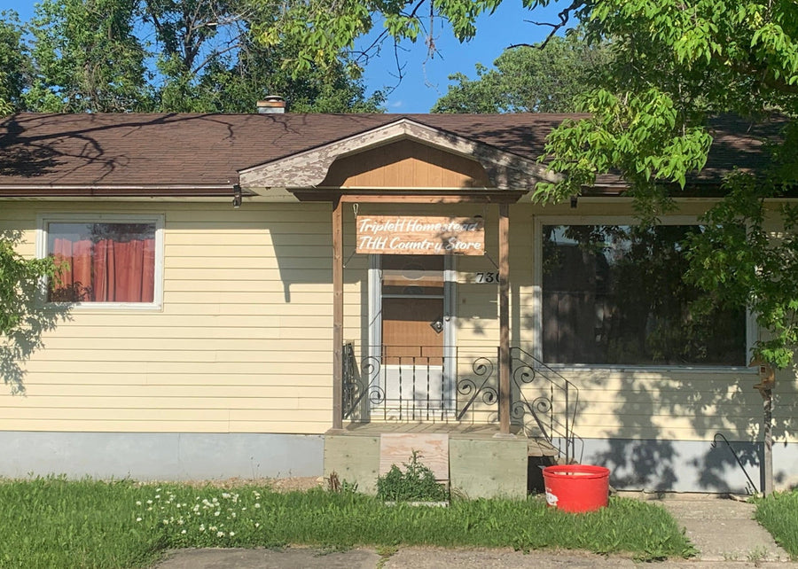 Yellow house, surrounded by trees and greenery.
