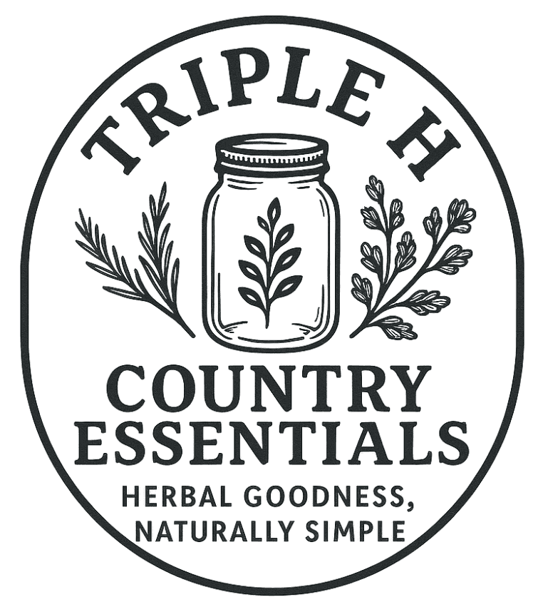 Logo for Triple H Country Essentials with a jar and herbs on a white background