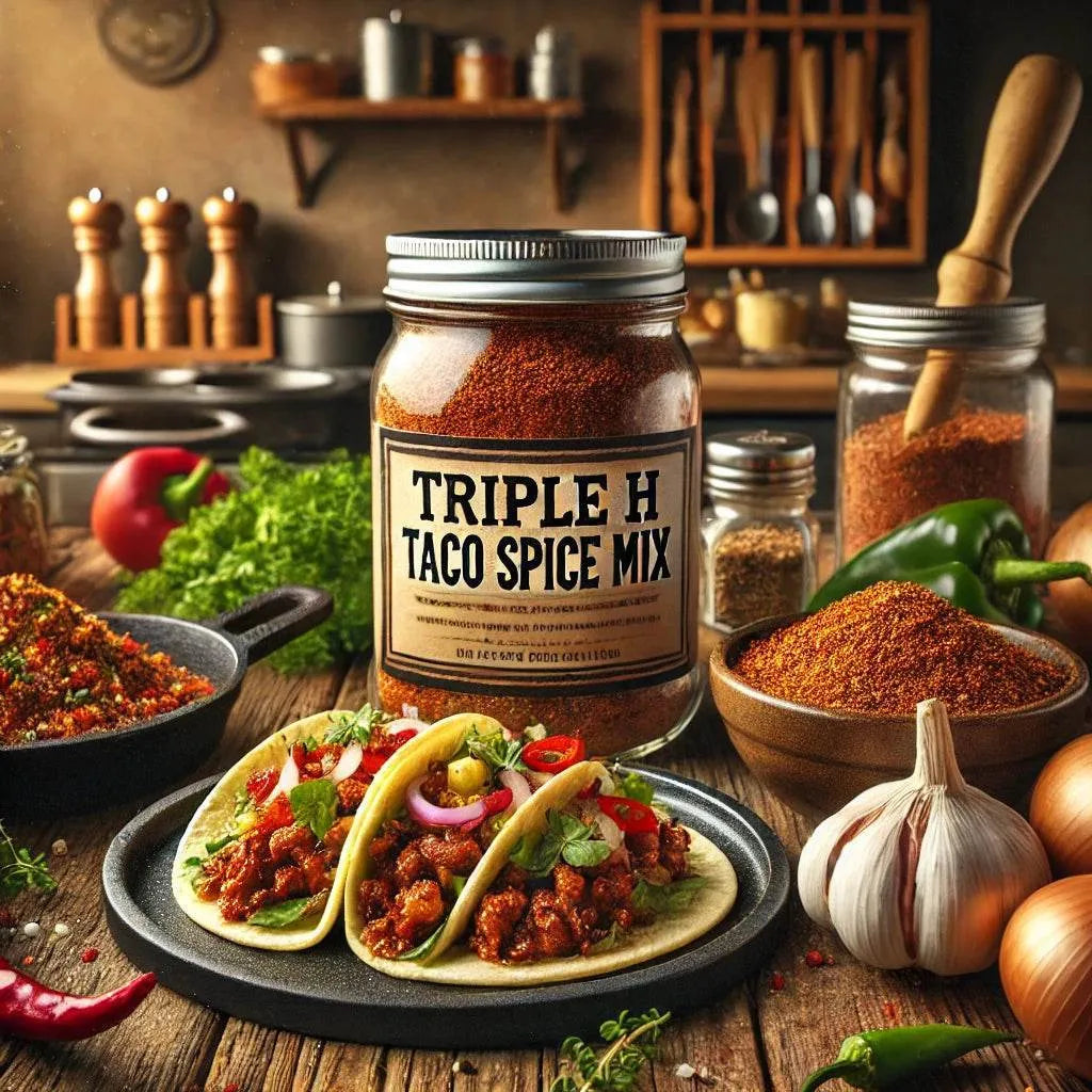 Jar of Triple H Taco Spice Mix with tacos and ingredients on a wooden table in a kitchen setting