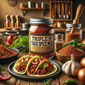 Jar of Triple H Taco Spice Mix with tacos and ingredients on a wooden table in a kitchen setting
