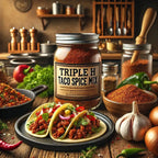 Jar of Triple H Taco Spice Mix with tacos and ingredients on a wooden table in a kitchen setting