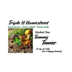 Advertisement for Triple H Homestead Herbal Tea Tummy Tamer with tea, herbs, and a pear on a white background.