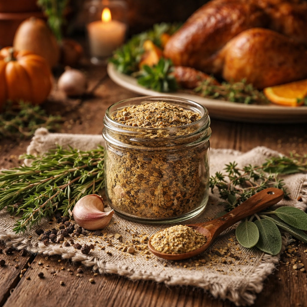 Jar of Turkey Rub with a wooden spoon on a rustic table with a roasted turkey and pumpkins.