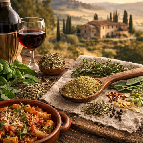 Table setting with pasta, wine, and herbs with a scenic Tuscan  background