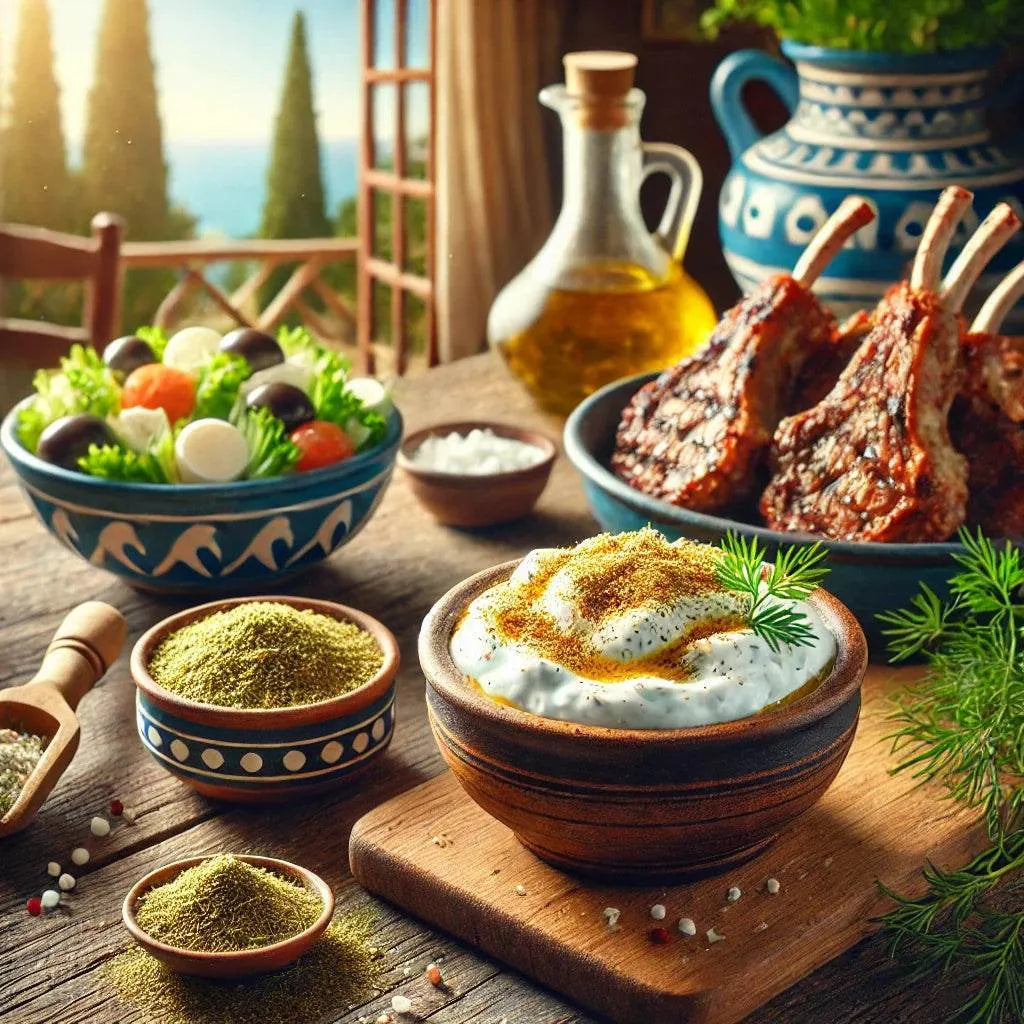 Dish of lamb chops with a bowl of yogurt sauce, vegetables, and spices on a wooden table.