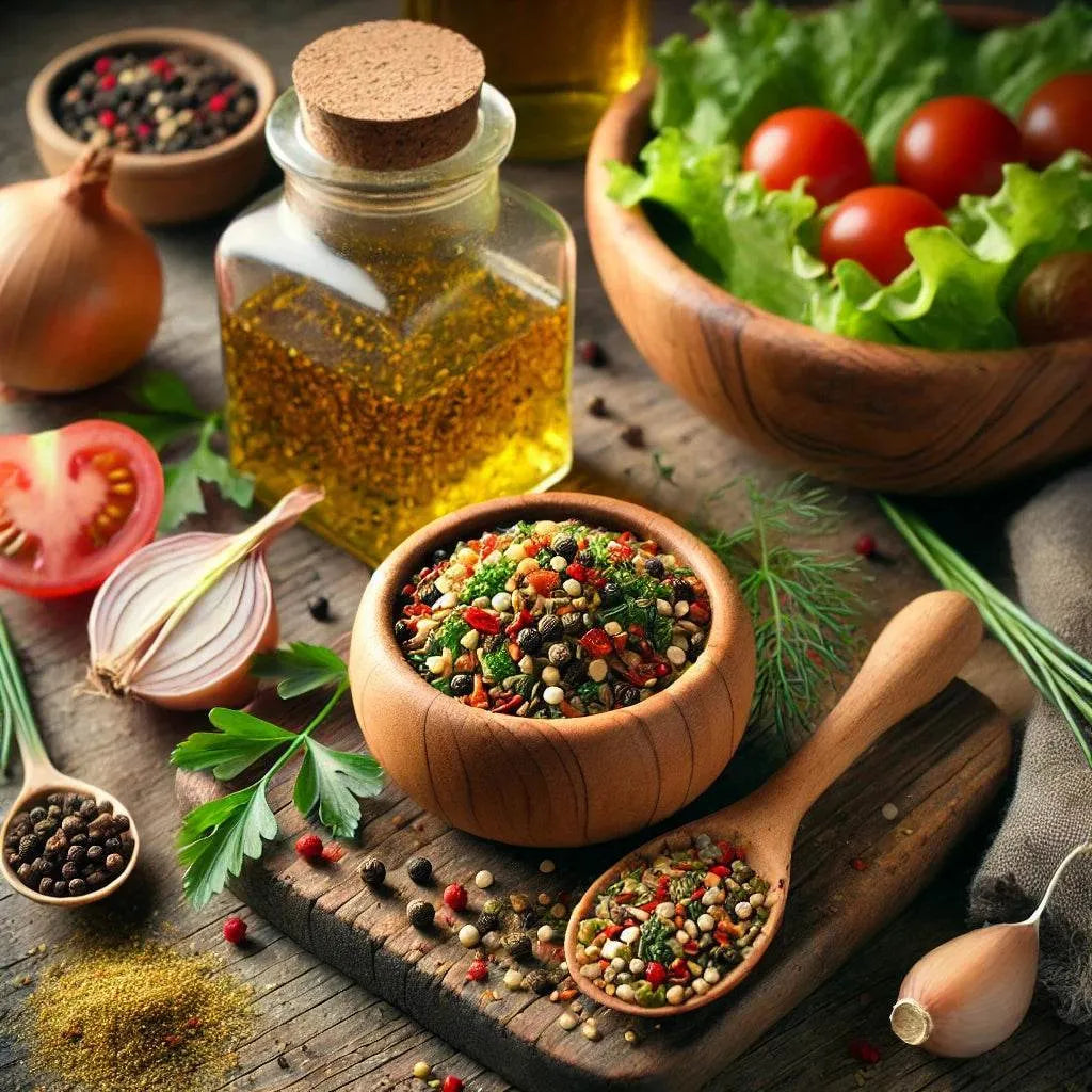 Spices in a wooden bowl with a bottle of oil and vegetables on a wooden surface