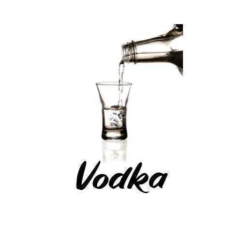 Vodka being poured into a glass with 'Vodka' text below on a white background