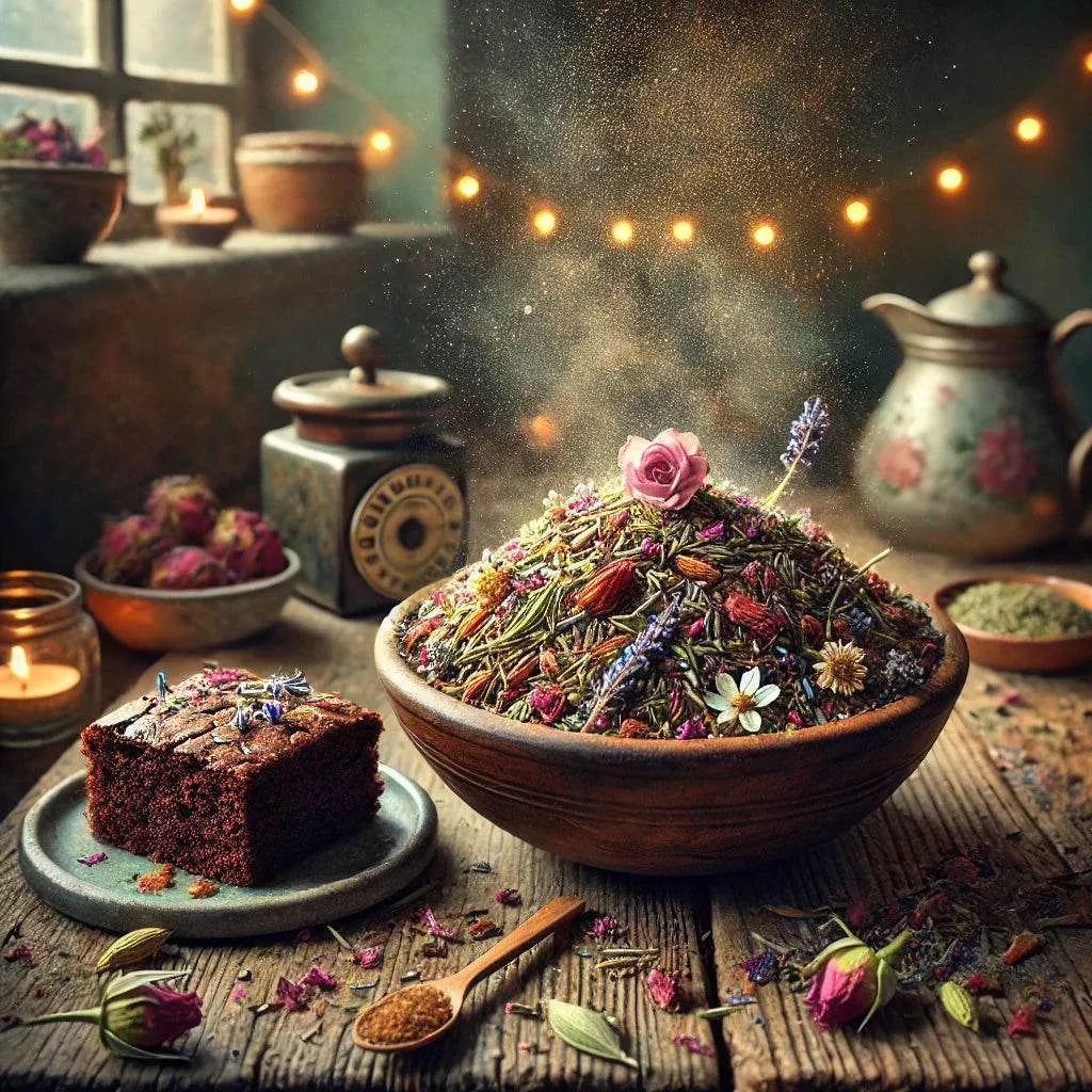 Bowl of dried herbs and flowers with a piece of cake on a wooden table.