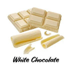 White chocolate bars and curls on a white background with 'White Chocolate' text.