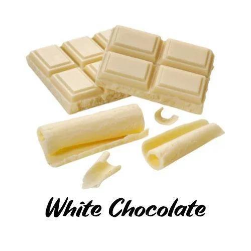 White chocolate bars and curls on a white background with 'White Chocolate' text.