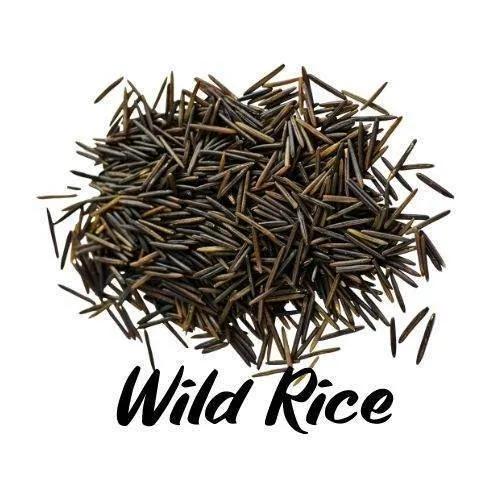Pile of wild rice with 'Wild Rice' text on a white background