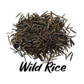 Pile of wild rice with 'Wild Rice' text on a white background