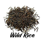 Pile of wild rice with 'Wild Rice' text on a white background