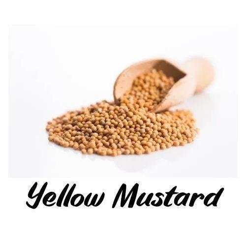 Yellow mustard seeds in a wooden scoop on a white background with 'Yellow Mustard' text.
