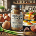 Jar of 'Egg Magic Spice' with kitchen setting including eggs and toast.