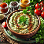 Bowl of hummus garnished with herbs and spices, surrounded by vegetables and spices on a wooden surface.