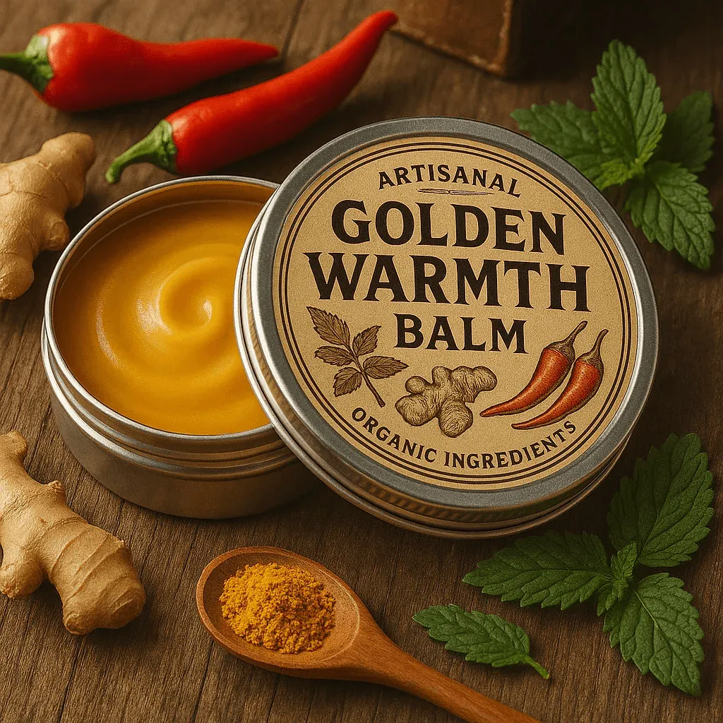 Artisanal Golden Warmth Balm with organic ingredients on a wooden surface