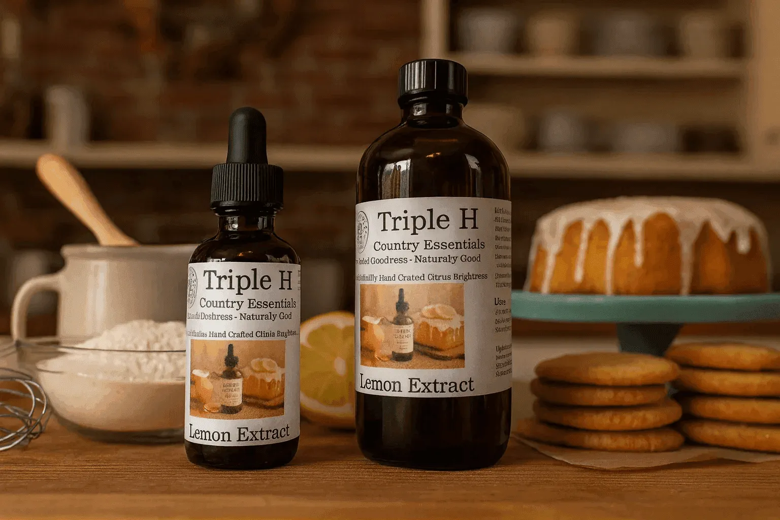 Two bottles of Triple H Lemon Extract on a wooden surface with baking ingredients and a cake in the background.
