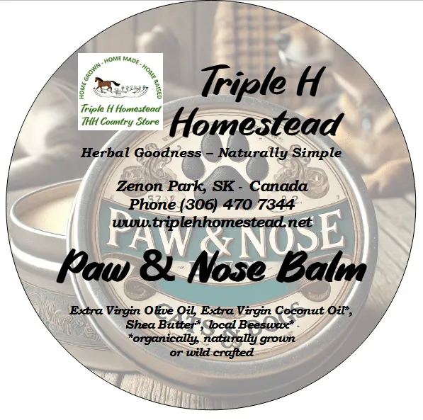 Label for Triple H Homestead Paw & Nose Balm with product details and branding.