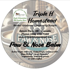 Label for Triple H Homestead Paw & Nose Balm with product details and branding.