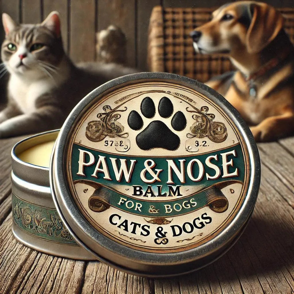 Paw & Nose Balm for cats and dogs with a cat and dog in the background on a wooden surface