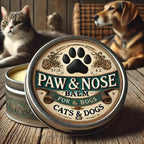 Paw & Nose Balm for cats and dogs with a cat and dog in the background on a wooden surface