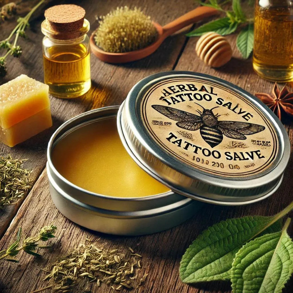 Herbal tattoo salve in a metal tin with a wooden lid on a wooden surface with herbs and honey.