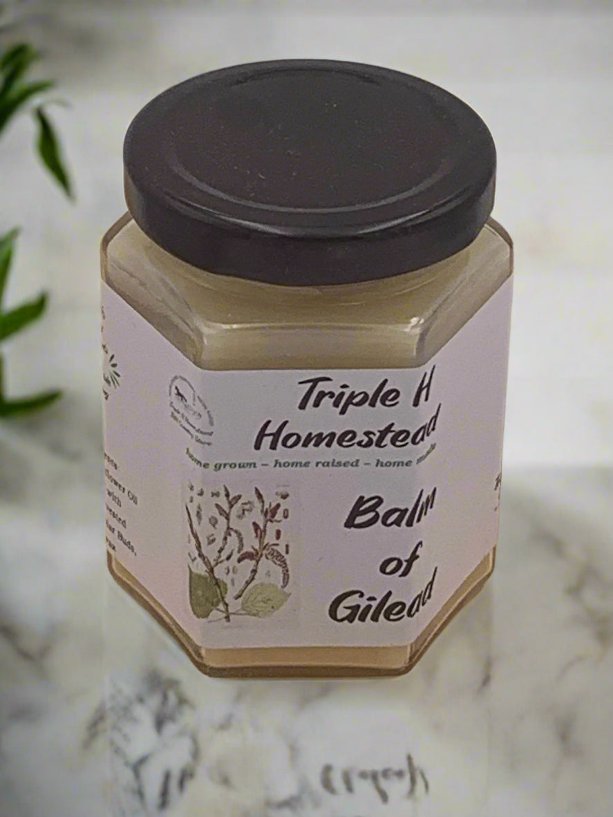 Triple H Homestead Herbal Salve jar labeled natural balm of gilead salve with black lid on marble surface