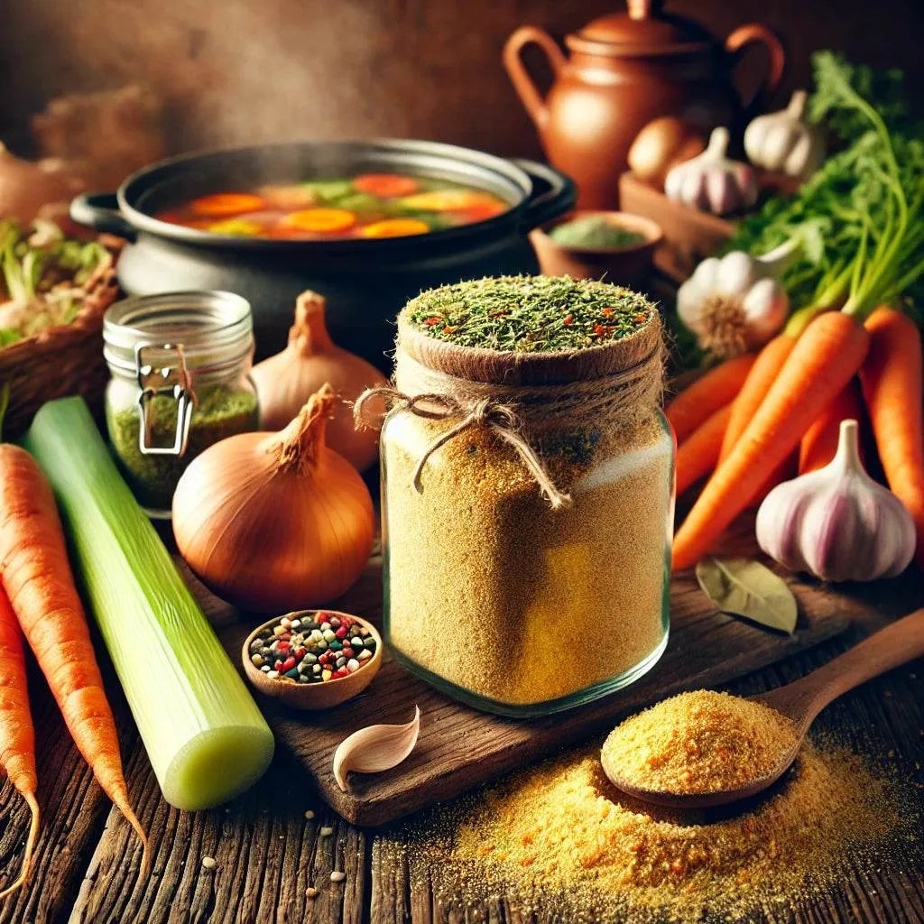 Spices and ingredients on a wooden table with a pot of food in the background