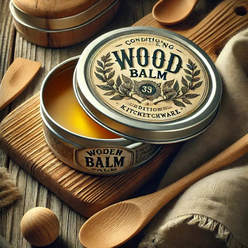 Container of wood balm with a rustic wooden background
