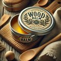Container of wood balm with a rustic wooden background