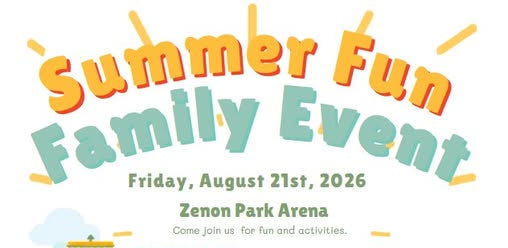 A colorful summer carnival event flyer for Zenon Park Arena, dated Friday, August 21st, 2026. The flyer features playful text reading 'Summer Fun Family Event' in orange and teal lettering, along with sections for vendors, touch a truck entries, and volunteers, illustrated with cartoon characters and vehicles at the bottom.